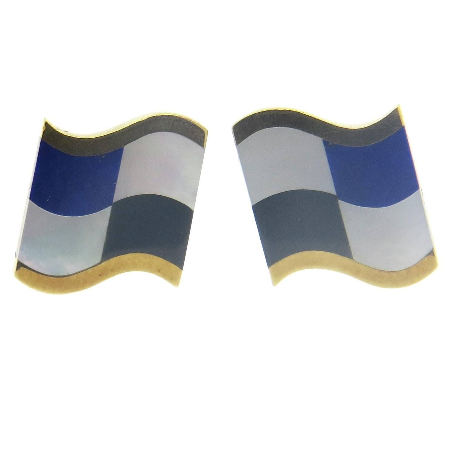 1980s Tiffany & Co. Inlay Onyx Lapis Mother of Pearl Gold Cufflinks  For Sale