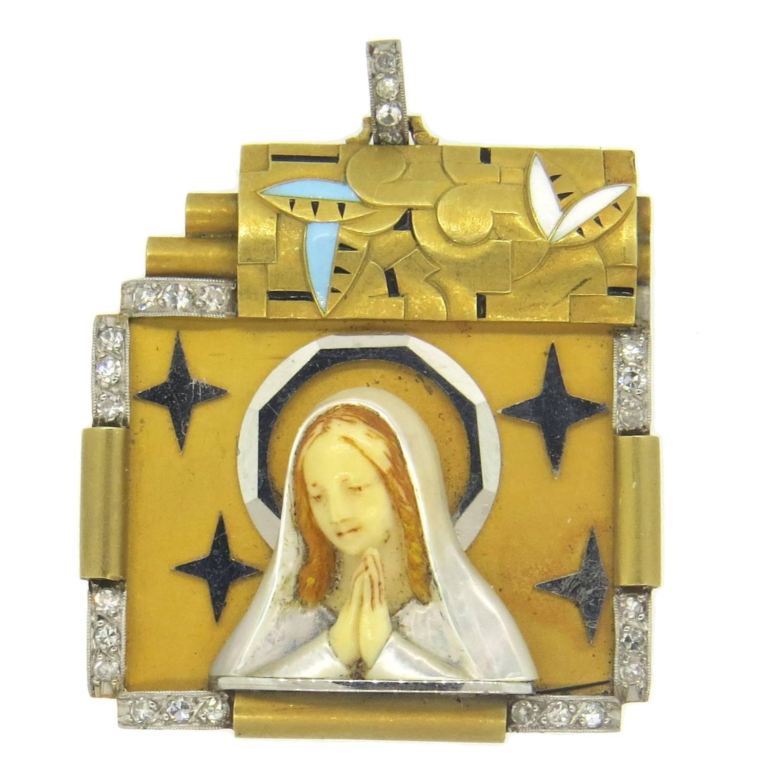 Art Deco Beautiful Mother of Enamel Pearl Diamond Gold St. Mary Pendant 