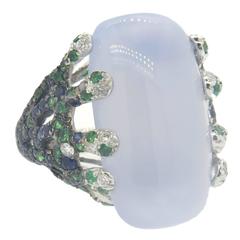 Large Modern Chalcedony Tsavorite Diamond Sapphire Gold Cocktail Ring