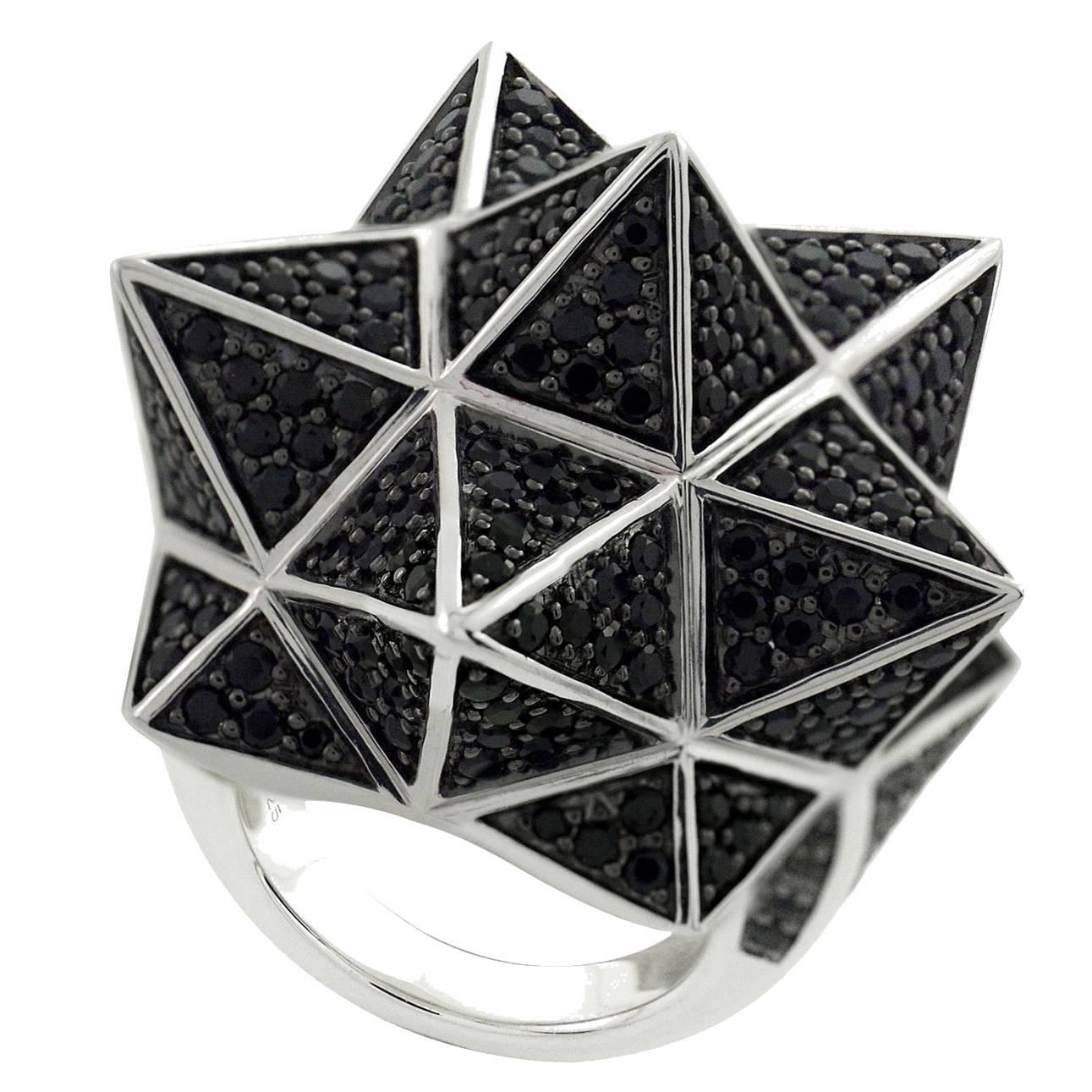 Tetra Full Pave Black Sapphire Silver Ring For Sale