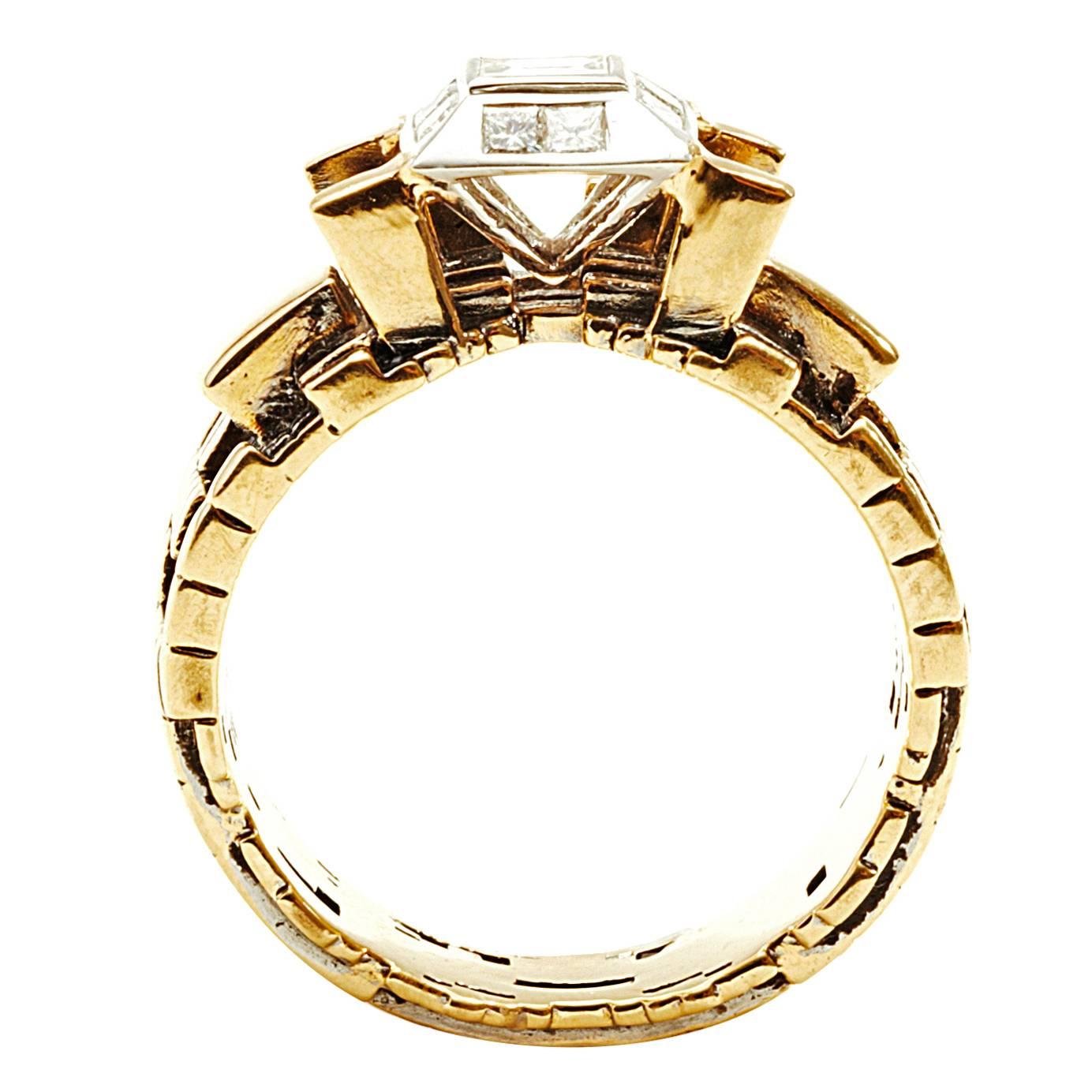 Bitcoin Blockchain Torus 18K Gold Ring with Center Baguette Diamond  For Sale