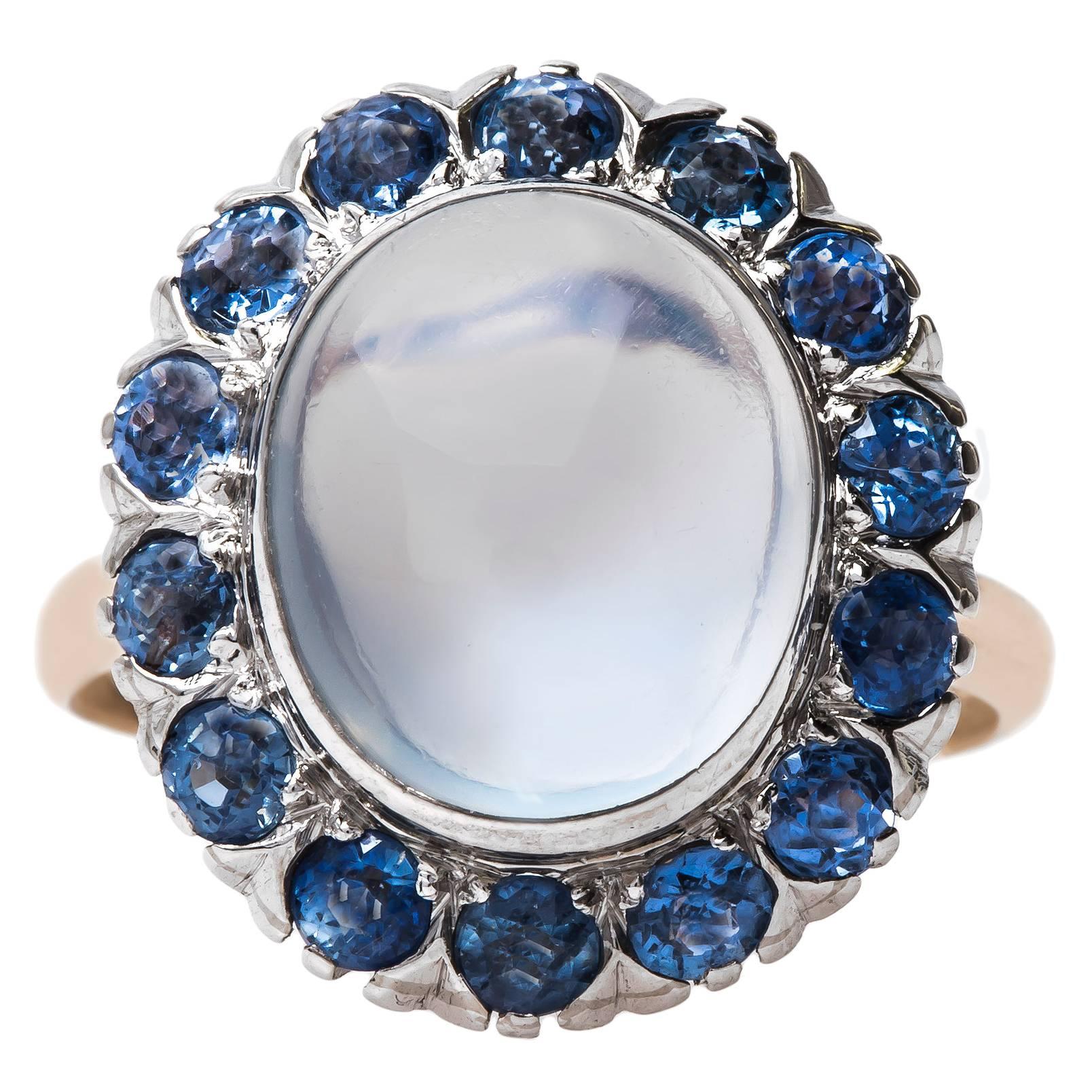 Late Art Deco Moonstone Natural Sapphire Halo Cocktail Ring For Sale