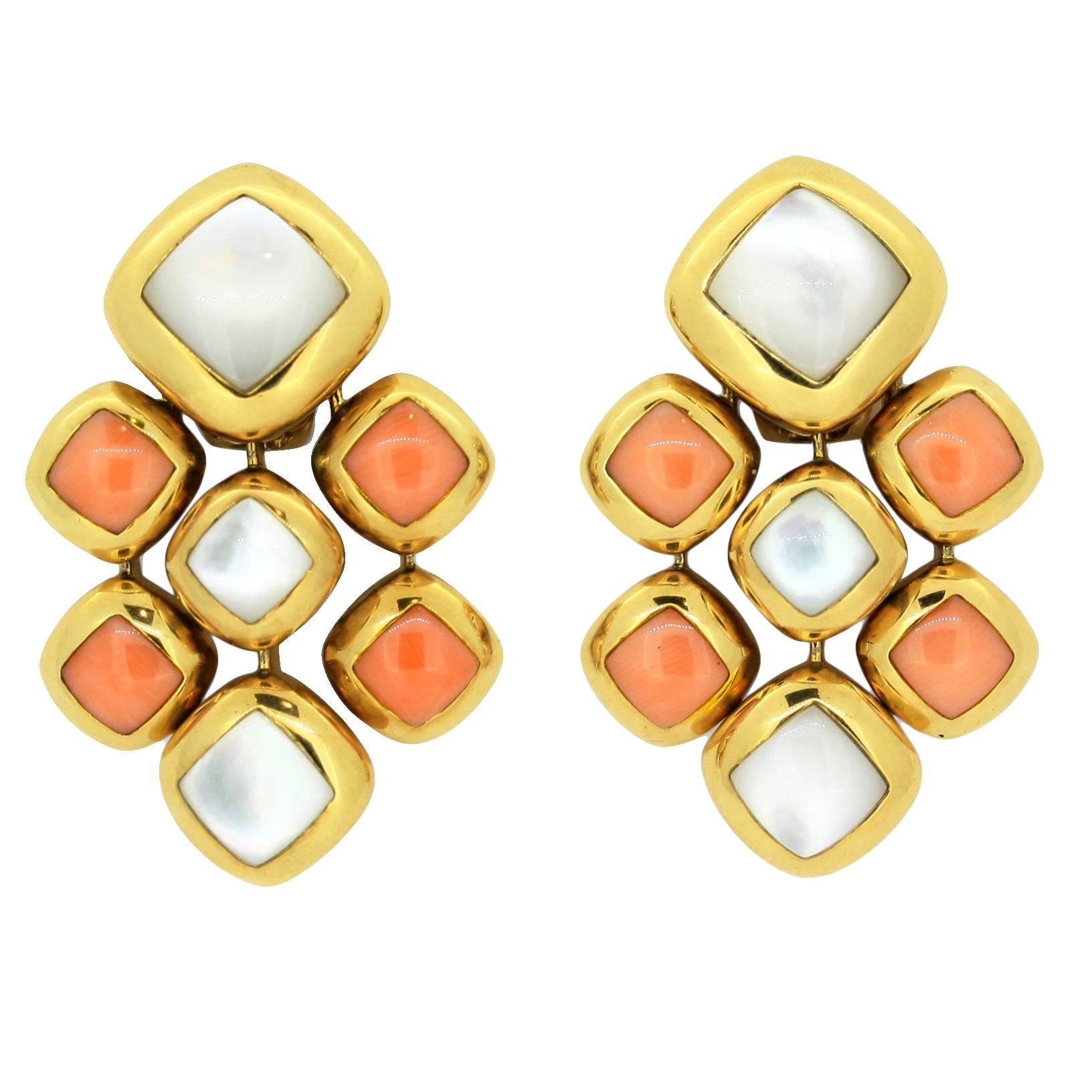  1980s Van Cleef & Arpels Coral Mother of Pearl Gold Earrings For Sale