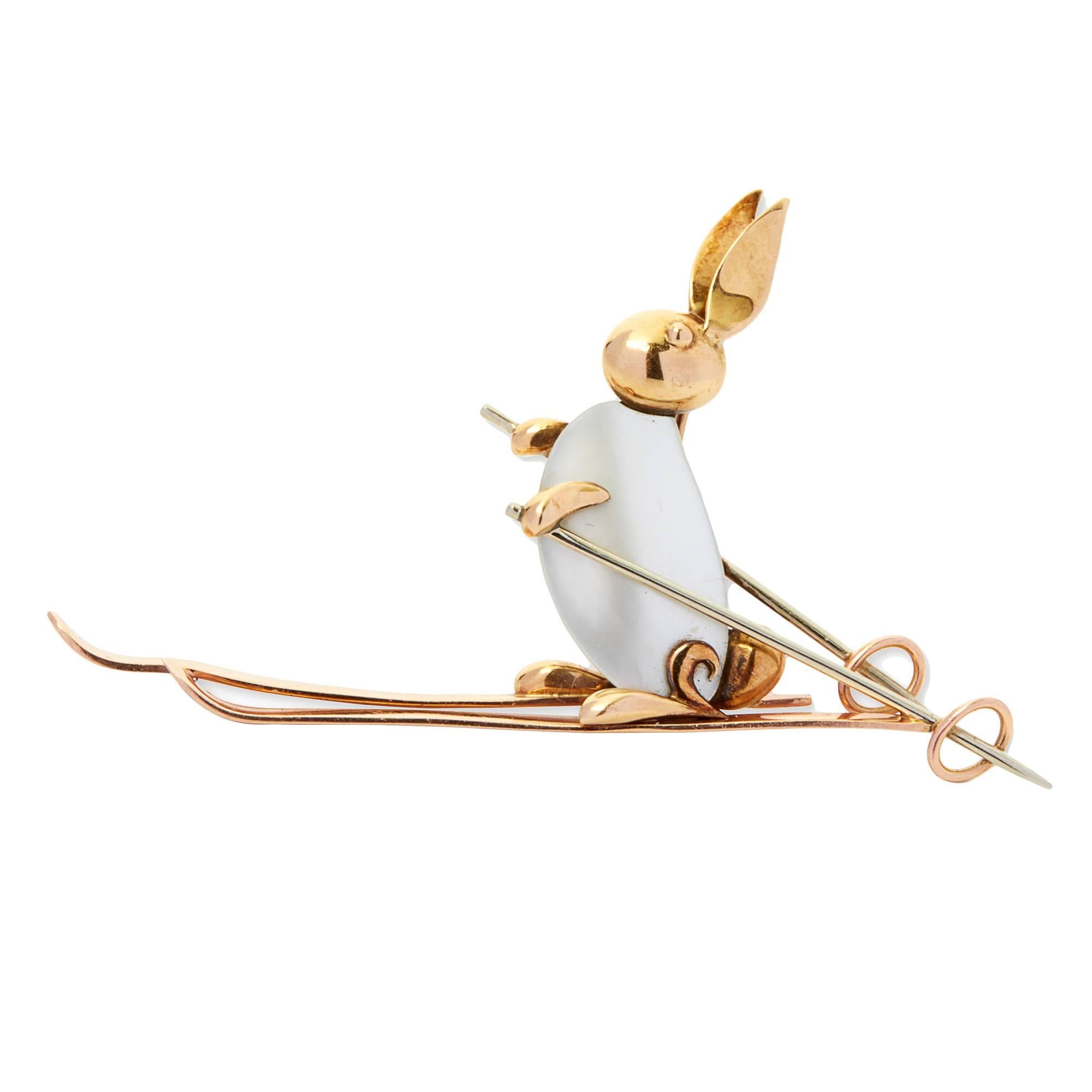  1950s Köchert Mother of Pearl gold Skiing Rabbit Brooch For Sale