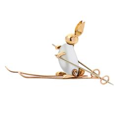  1950s Köchert Mother of Pearl gold Skiing Rabbit Brooch