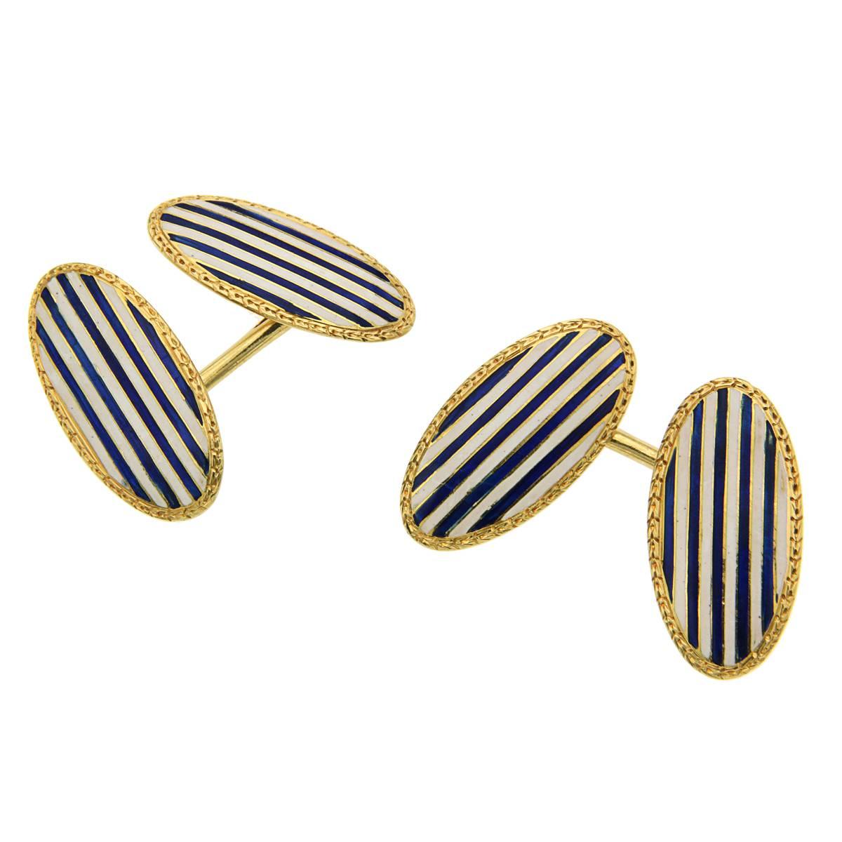 Navy and White Enamel Yellow Gold Cufflinks 1920s