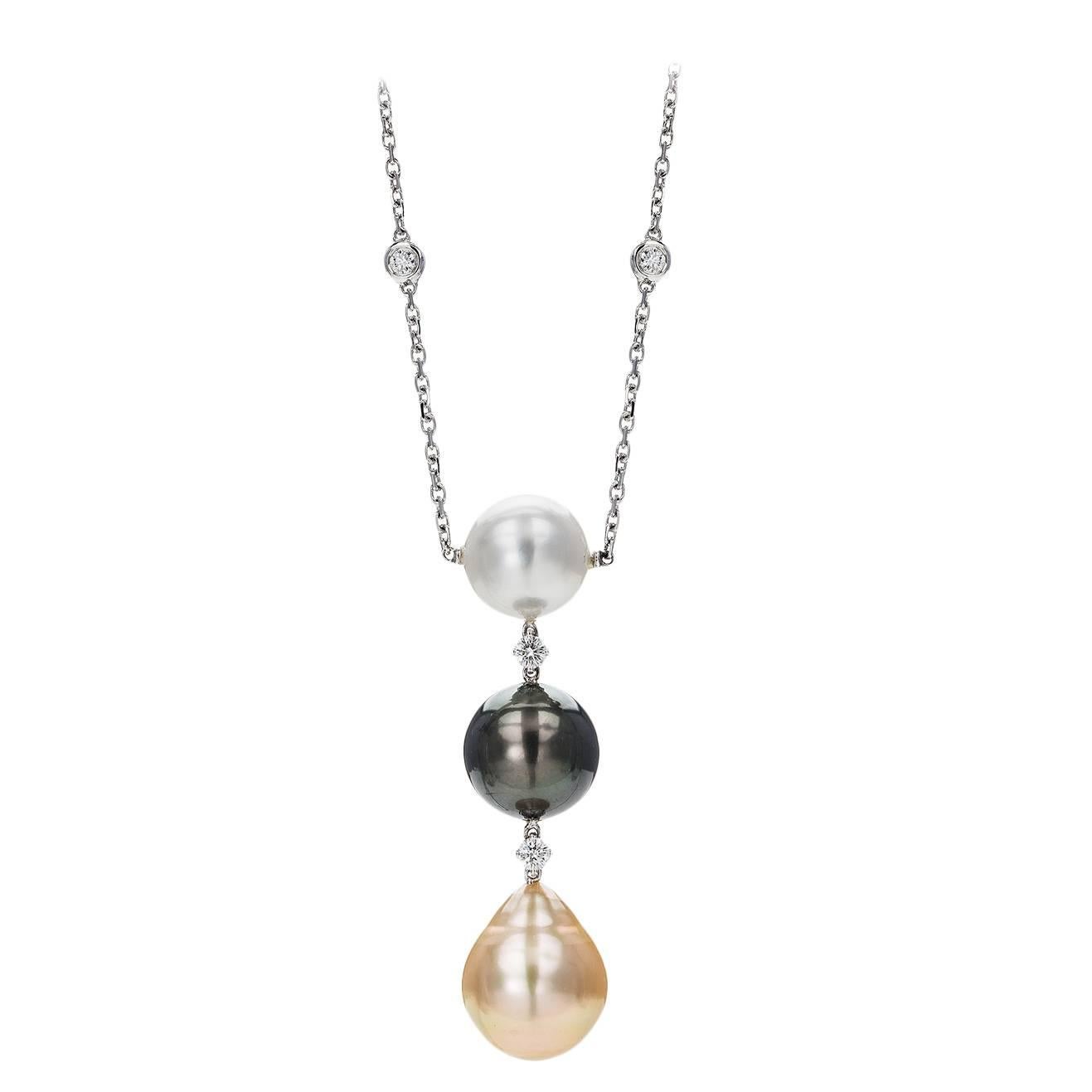 3 Drop White Black Golden South Sea Pearl Pendant Necklace For Sale