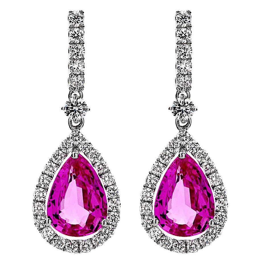 Pear-Shaped Pink Sapphire Diamond gold Earrings For Sale