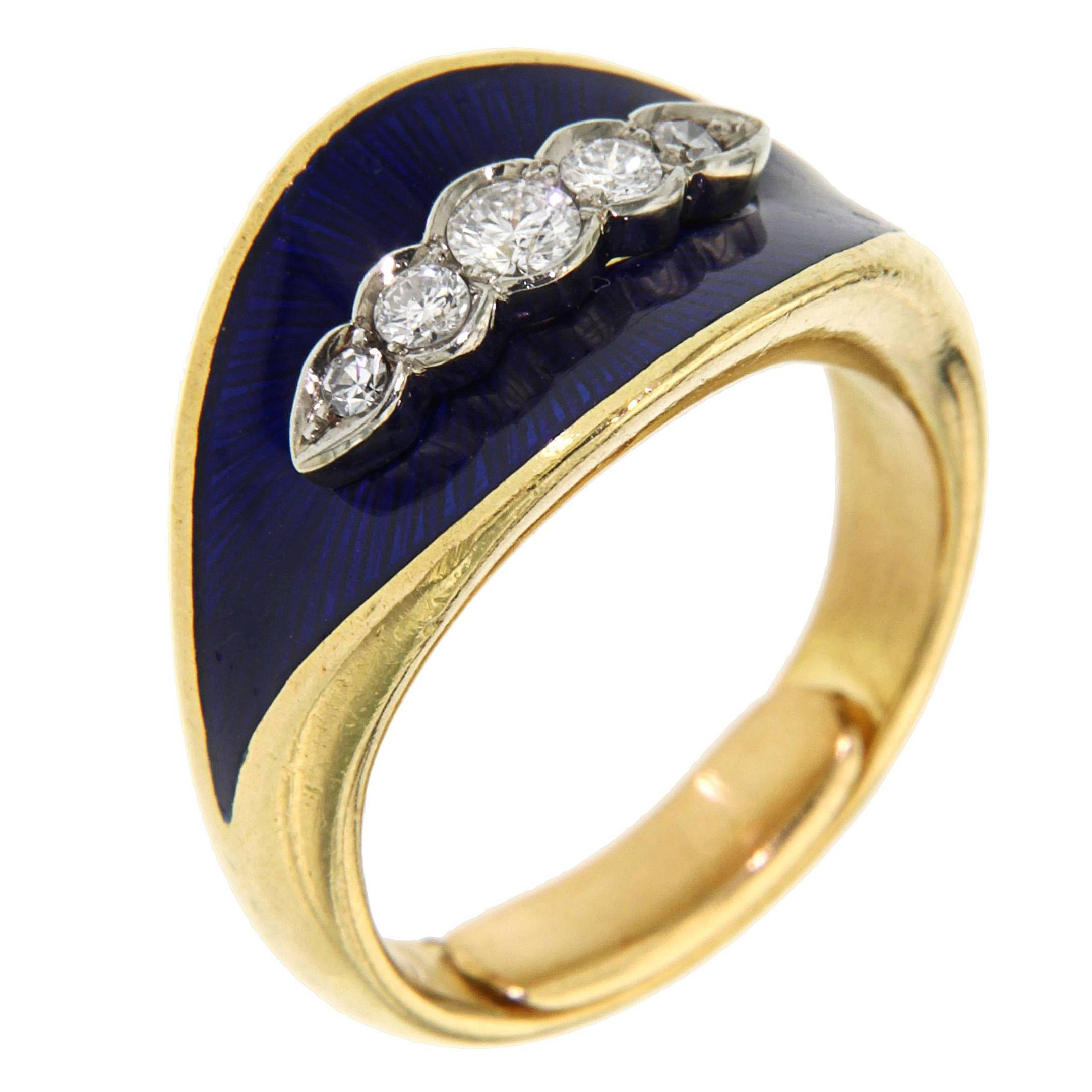 Blue Enamel Diamonds Yellow Gold 18 K Band Ring