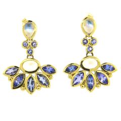 Temple St. Clair Phoenix Tanzanite Moonstone Gold Drop Earrings 