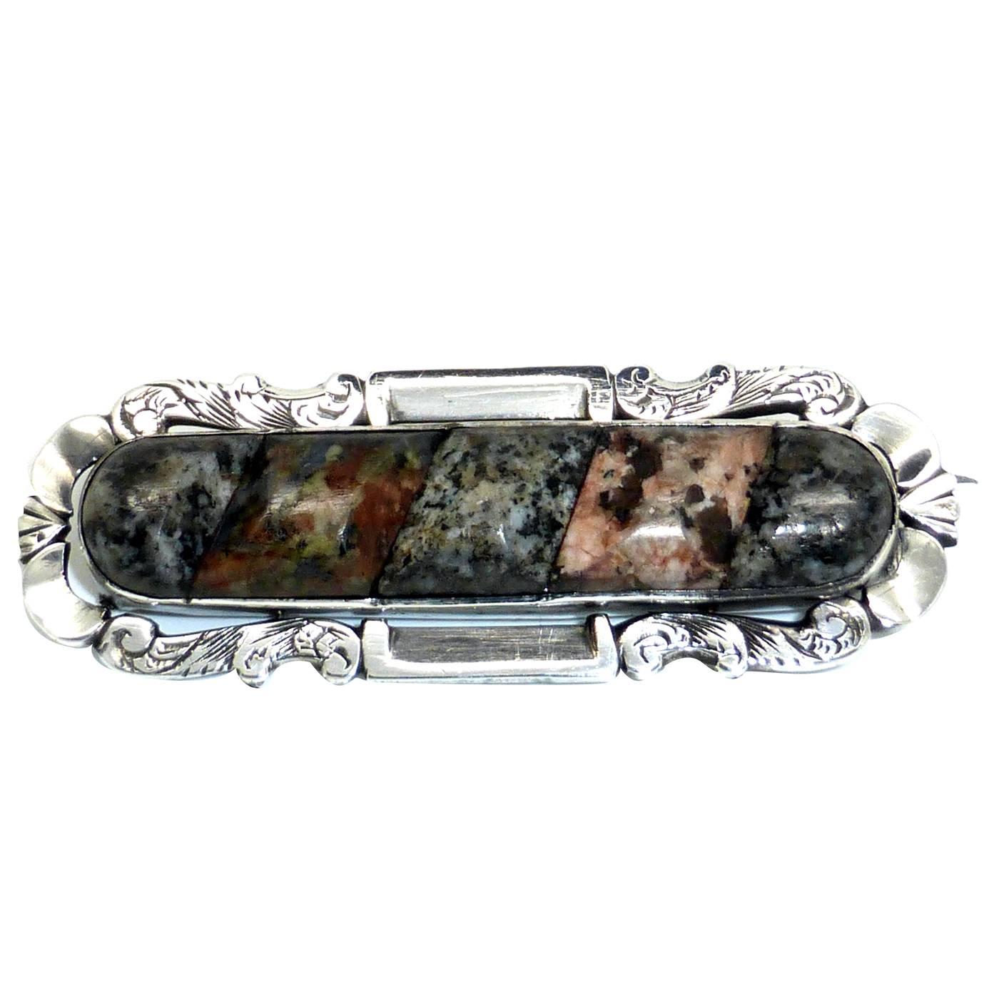 Large Victorian Sterling Silver-Mounted Slate Backed Scottish Agate Brooch For Sale