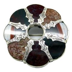 Victorian Sterling Silver-Mounted Slate-Backed Scottish Agate Petal Brooch