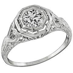 Bague de fiançailles édouardienne en or blanc avec diamant taille vieille mine