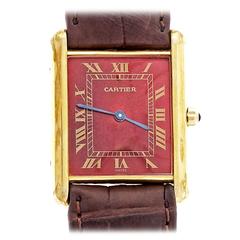 Cartier Vermeil Tank Custom Colored Red Dial Quartz Wristwatch