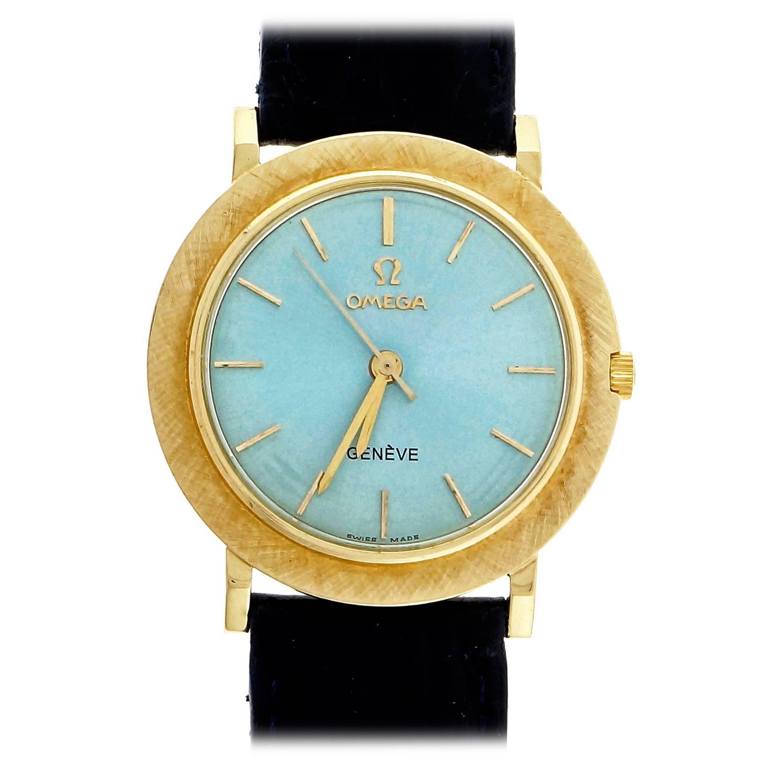 Omega Yellow Gold Custom Colored Ice Blue Dial Wristwatch For Sale