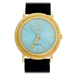 Vintage Omega Yellow Gold Custom Colored Ice Blue Dial Wristwatch