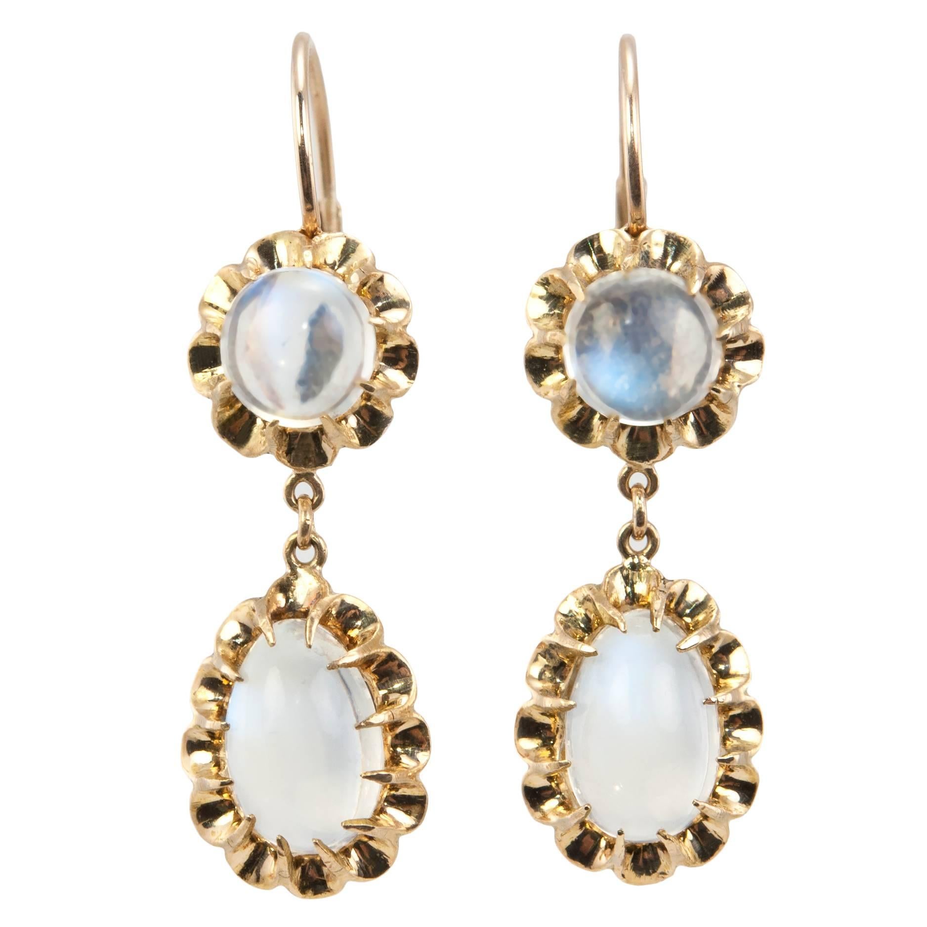 1950s Moonstone Gold Dangle Earrings For Sale
