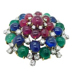 1960s Bulgari Ruby Emerald Sapphire Diamond Gold Brooch