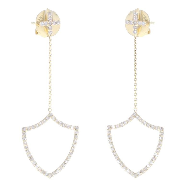 Insignia Renaissance Shield Diamond and Gold Drop Earrings For Sale
