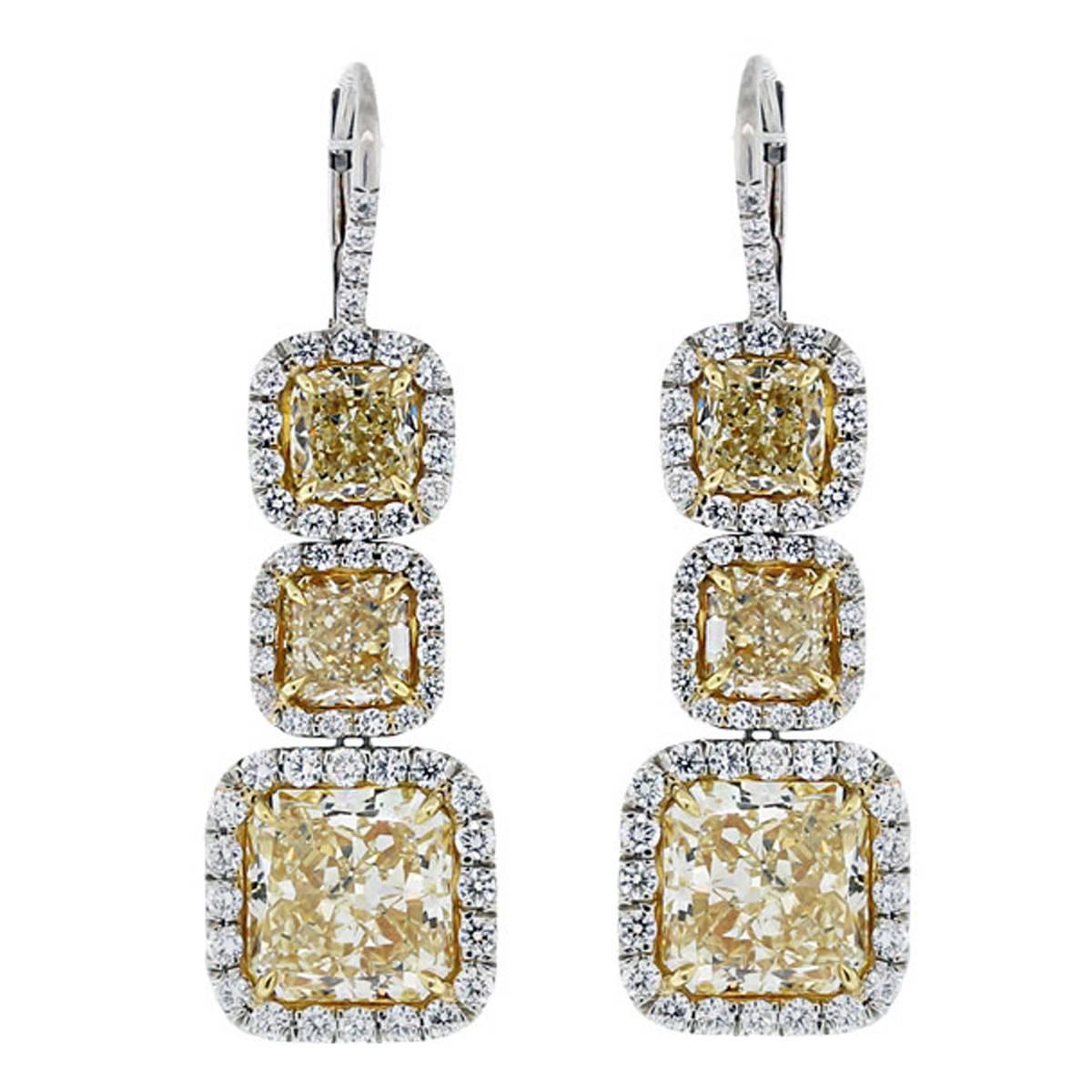 14.96 Carats Fancy Yellow Diamond Gold Platinum Dangle Earrings