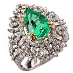 3.34 Carat Emerald Baguette and Round Diamond Gold Cocktail Ring