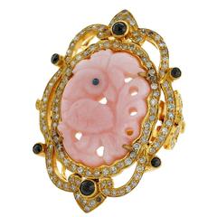 Pretty Pink Opal Peacock Gold Carved Ring