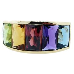 Vintage Natural Rainbow Gemstone Gold Band Ring
