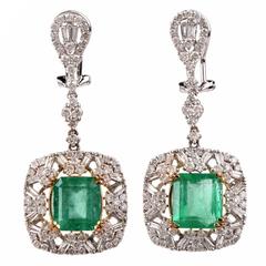  Emerald Baguette  Round Diamond Dangle Earrings