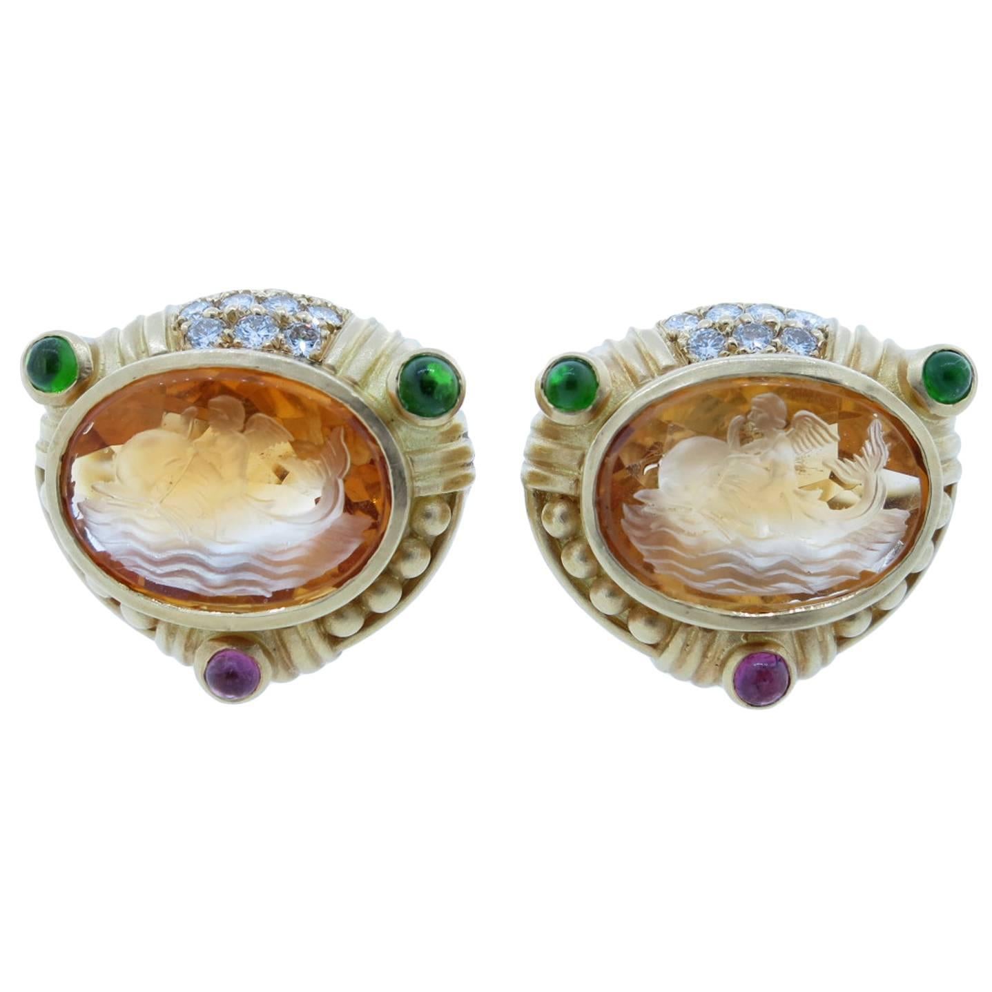 Judith Ripka Carved Citrine Diamond Tourmaline Gold Clip-On Earrings