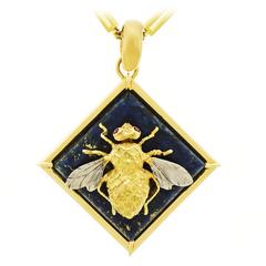 Vintage Fab 1960s Lapis and Gold Bee Pendant