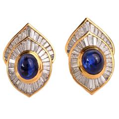 GIA Cert Blue Sapphire Cabochon Baguette Diamond Gold Clip-Back Earrings 