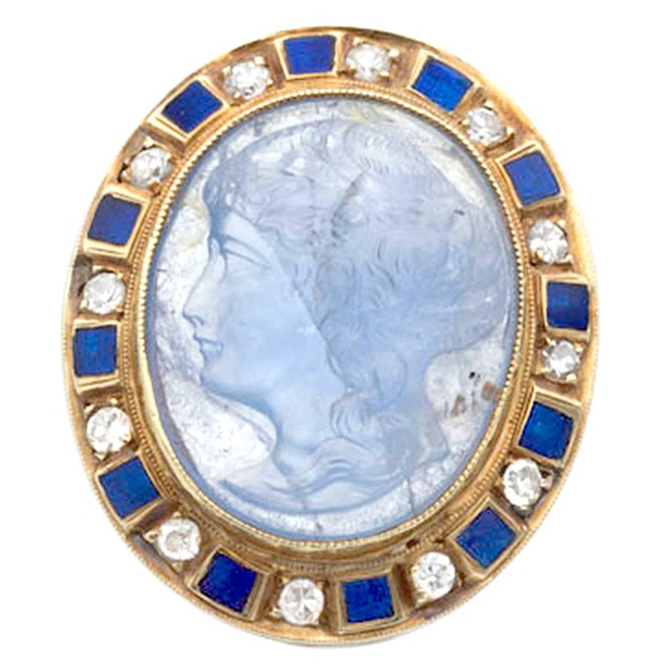 Carved Sapphire Cameo Diamond Gold Cocktail Ring