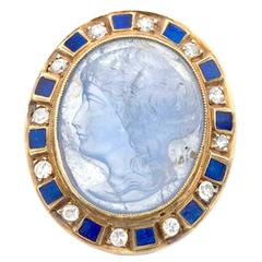 Vintage Carved Sapphire Cameo Diamond Gold Cocktail Ring