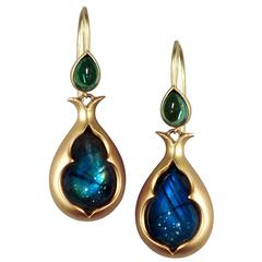 Anahita Blue Labradorite Green Tourmaline Matte Gold Dangle Drop Earrings