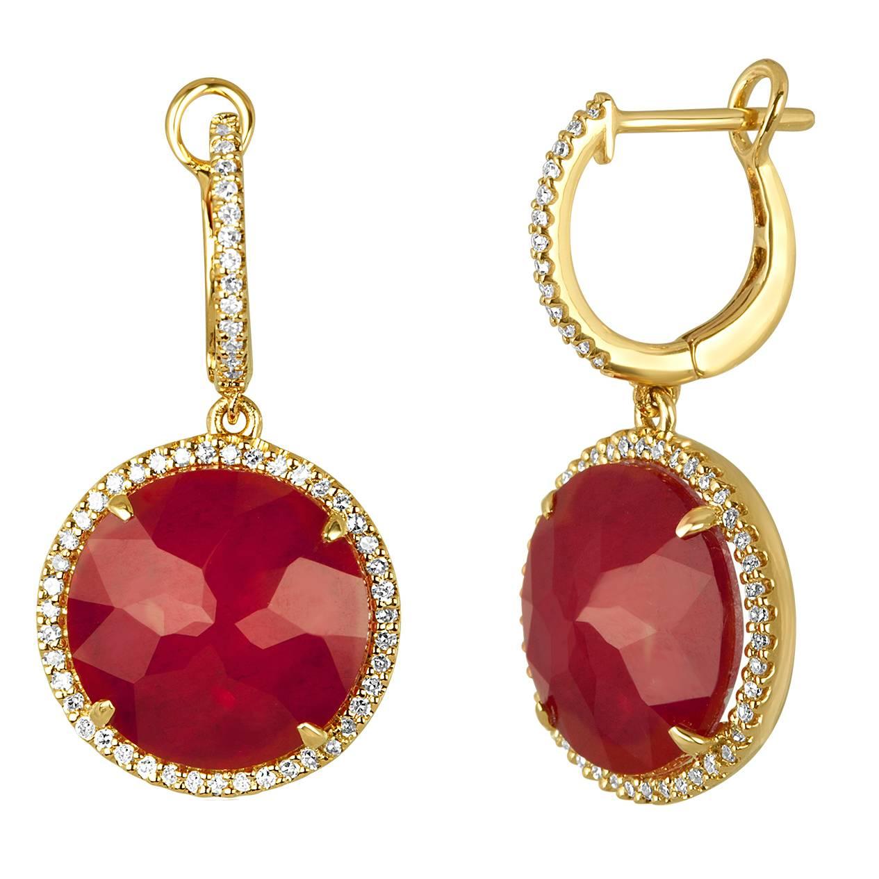Doublet 7.00 Carats Ruby Rock Crystal Diamond Gold Dangle Earrings