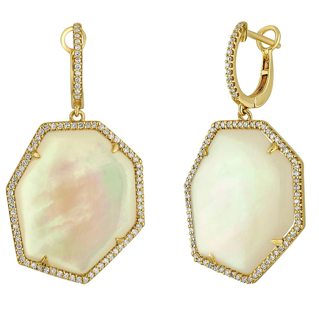 Mother of Pearl 0.47 Carats Diamond Gold Dangle Earrings For Sale