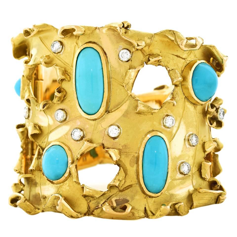 Brutalist Persian Turquoise Gold Cuff Bracelet 