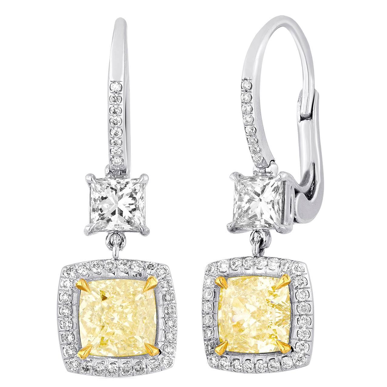 GIA Certified 2.23 Carat Y-Z Princess Cut Diamond Dangle Earrings