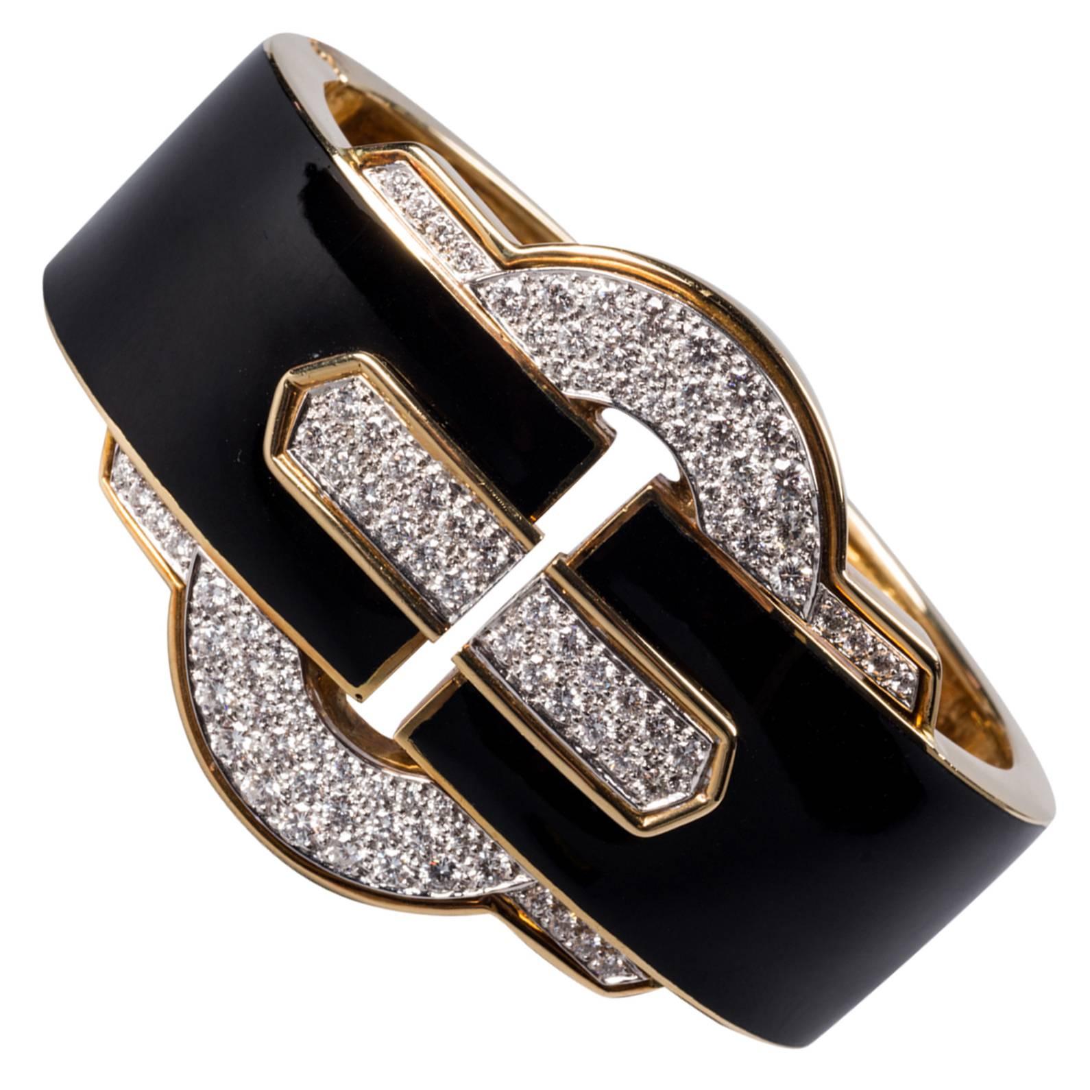 1970s David Webb Black Enamel Diamond Gold Cuff Bracelet