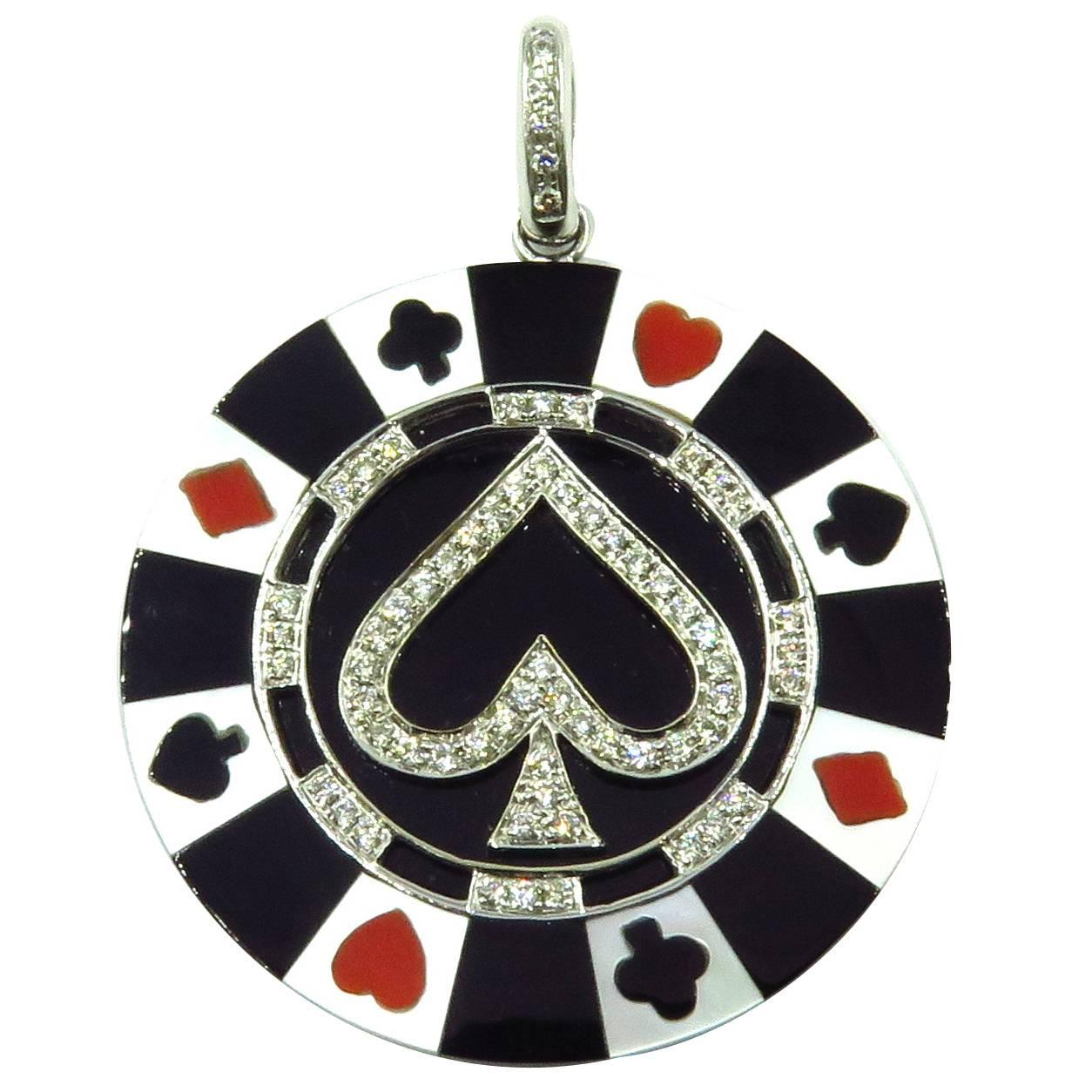 Lucky Charm Onyx Coral Mother of Pearl Diamond Gold Casino Chip Pendant Charm