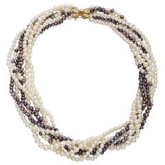 7 Strand White and Gray Seed Pearl torsade Necklace