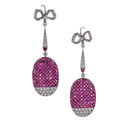 Art Deco Ruby Diamond Gold Platinum Drop Earrings
