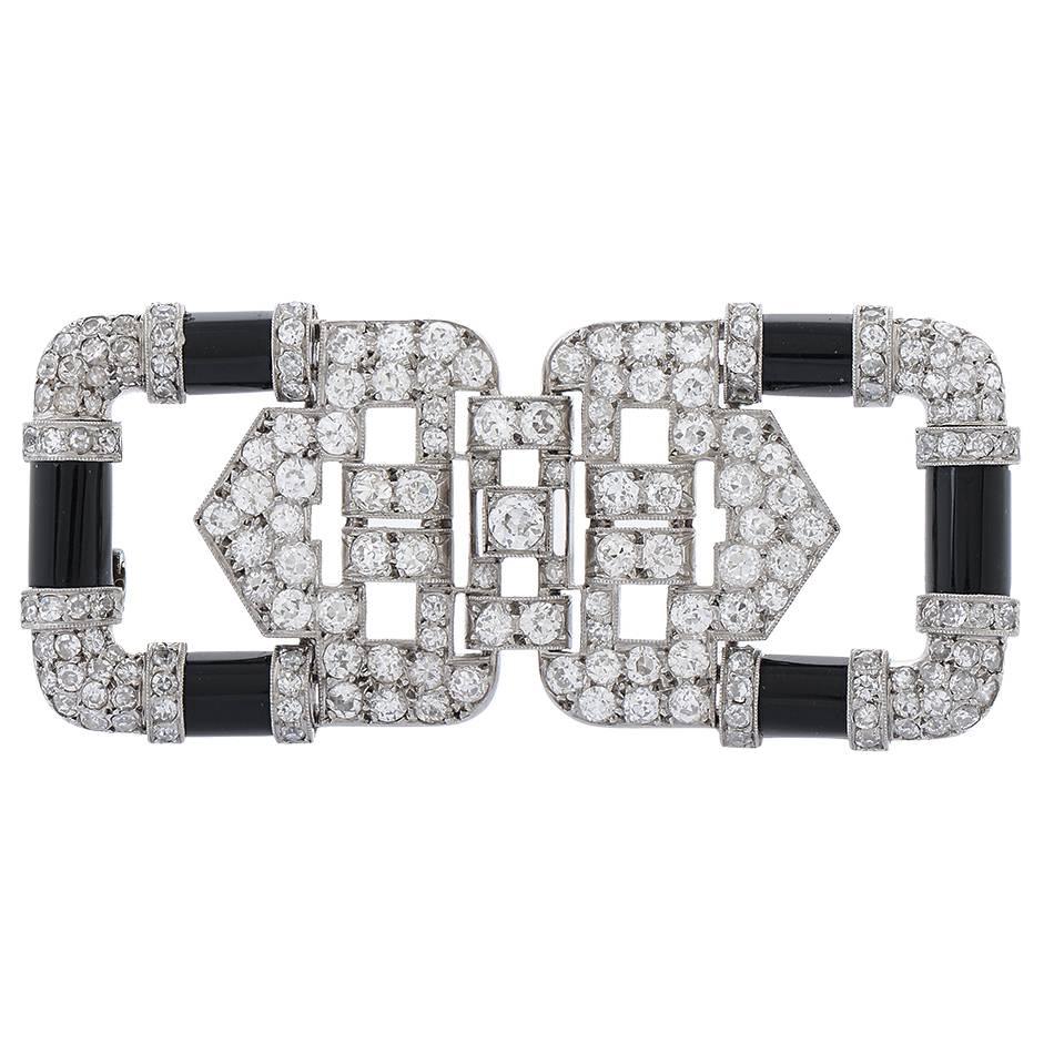 Circa 1920 Chaumet Art Deco Onyx Diamond Platinum Brooch