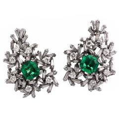 1960s Emerald Earrings Diamond Cluster Earrings Clip-Back Brooches