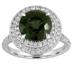 Certified No Heat 5.27 Carat Bluish Green Sapphire Double Halo Diamond Ring