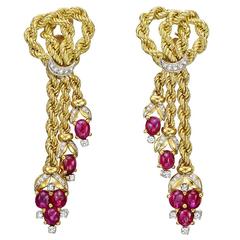 Ruby Diamond Gold Rope Tassel Earrings