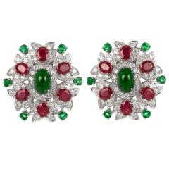 Pair of Emerald, Ruby 
Diamond Earclips