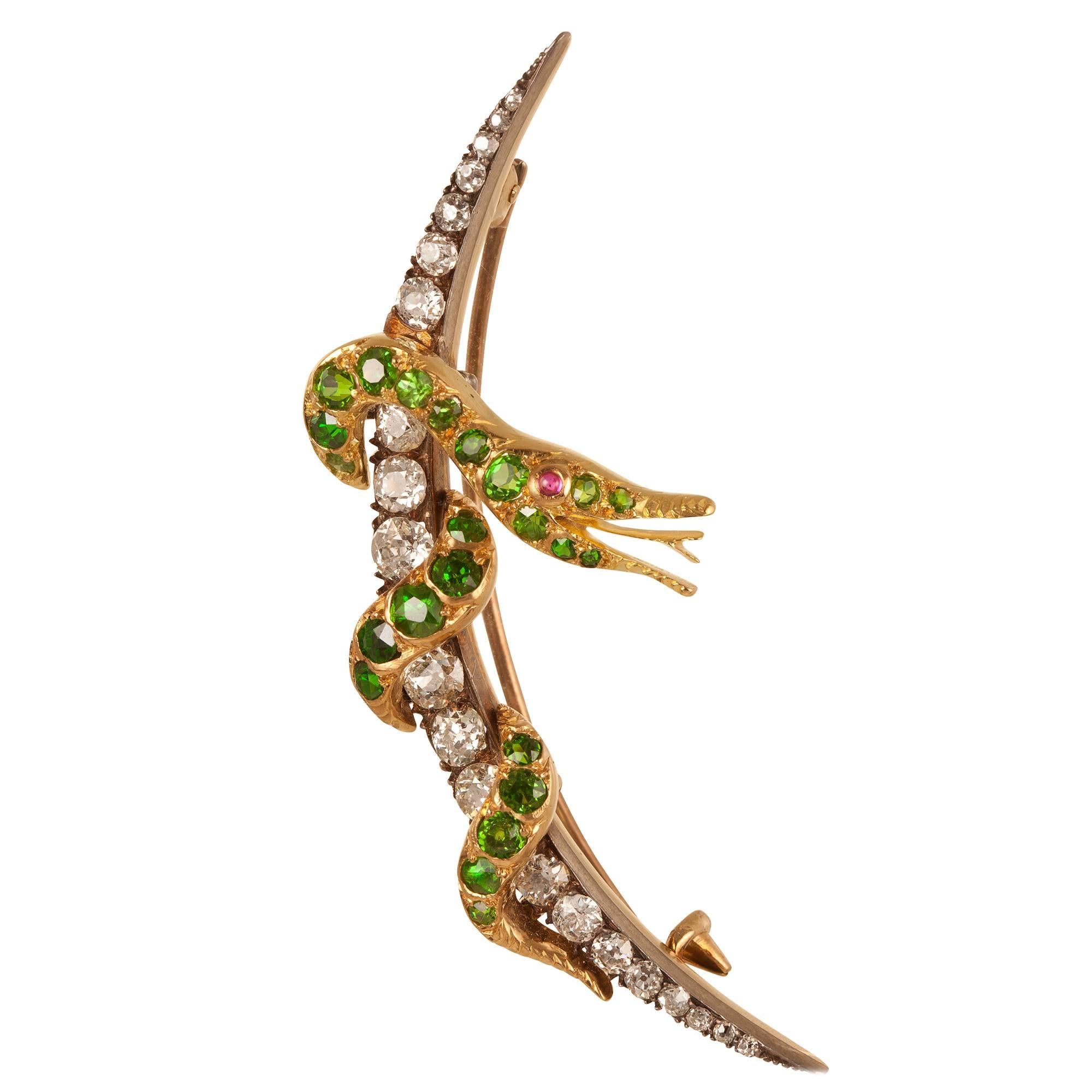 A Demantoid Garnet & Diamond Serpent Brooch For Sale