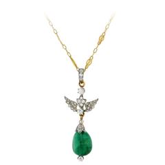 1925 Austrian Emerald Diamond Gold Platinum Wing Pendant Necklace