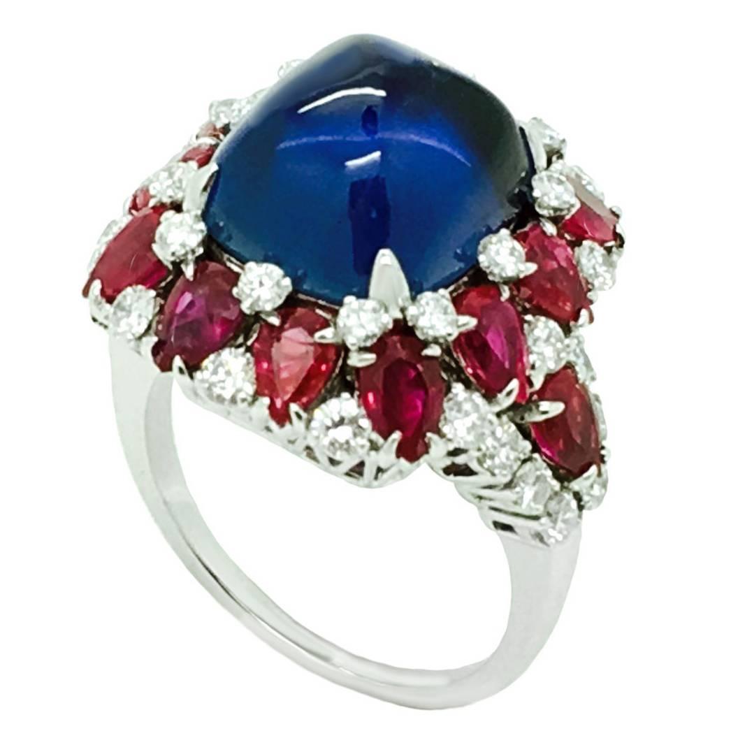 Bulgari No Heat Sapphire Ruby Diamond Cocktail Ring For Sale